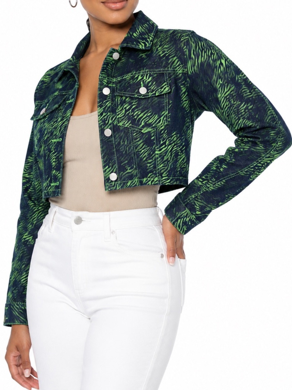 I.AM.GIA Sinead Green Tiger Cropped Denim Trucker Jacket Women's XS Y2K